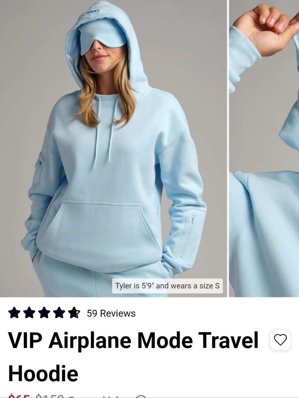comfrt VIP Airplane Mode Travel Hoodie - Light Blue NEW